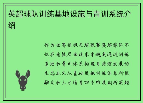 英超球队训练基地设施与青训系统介绍