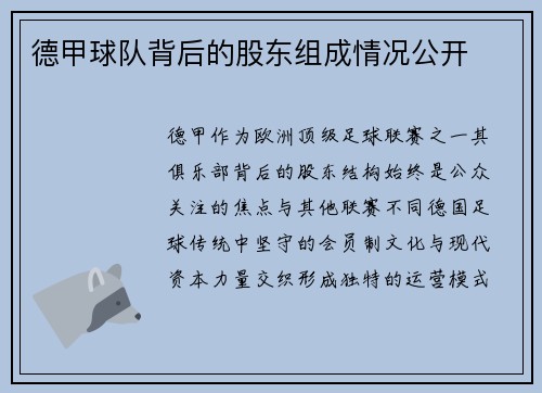 德甲球队背后的股东组成情况公开